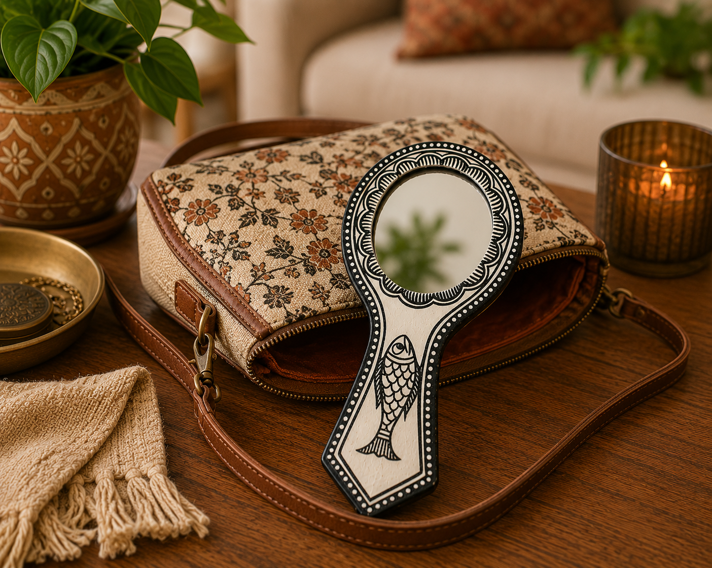 Mithila Handspiegel – Monochroom Vis Folk-Art Design - Afbeelding 2