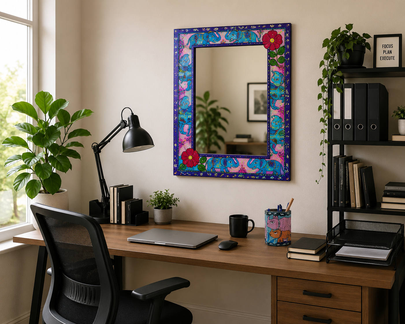 Mithila Olifant Rechthoekige Spiegel – Turquoise met Paarse Rand & Rode Bloemen - Afbeelding 2