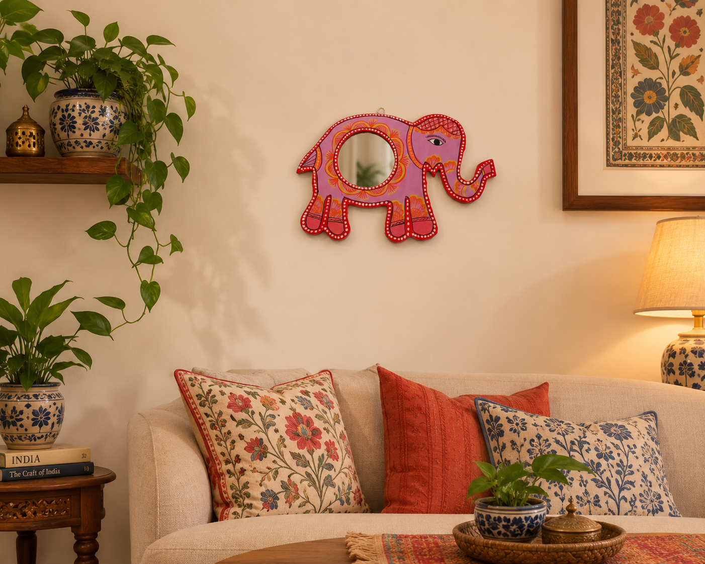 Mithila art Spiegel olifant rose - Afbeelding 2