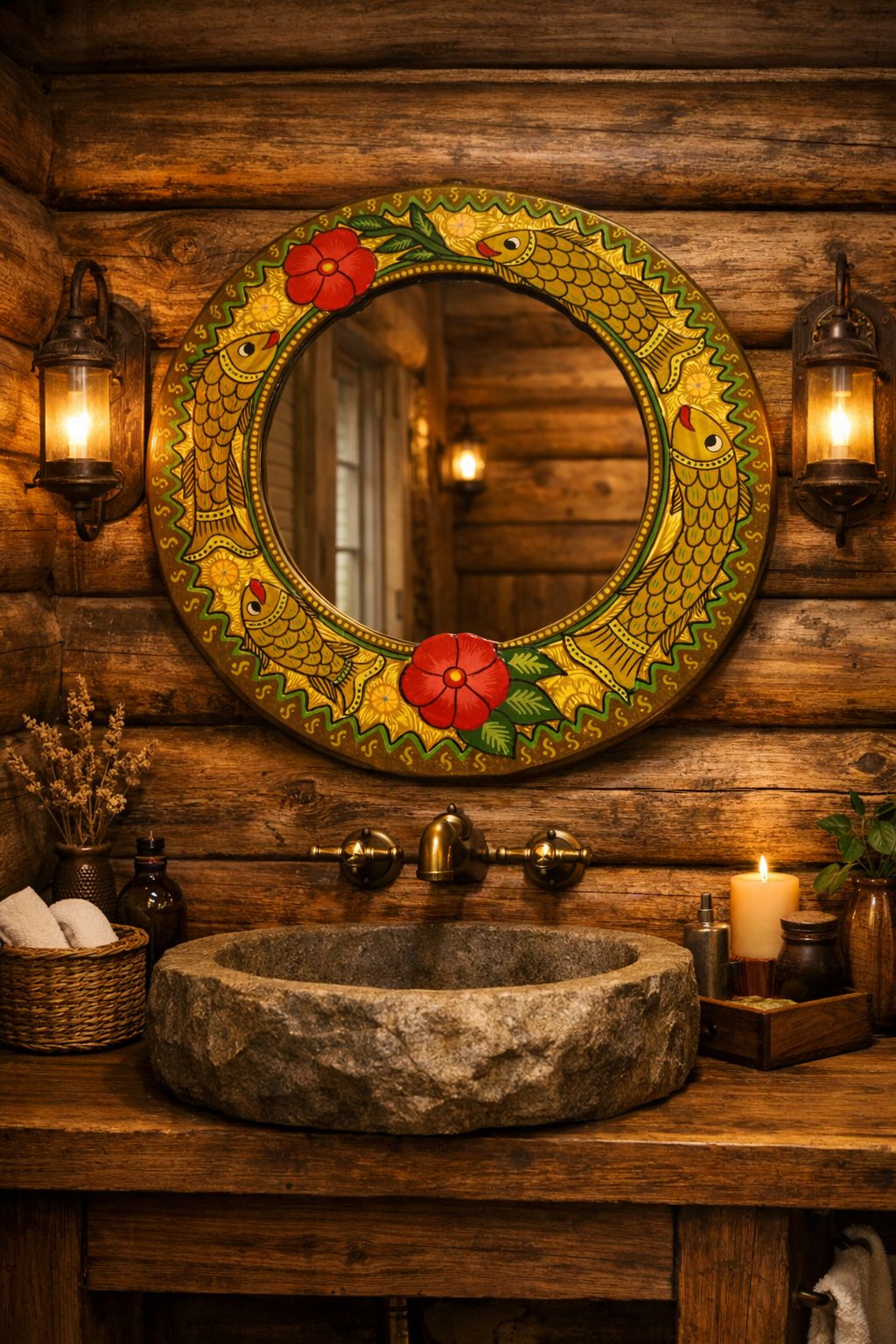 Mithila Vis Ronde Spiegel – Goudgeel met Rode Bloemen & Groene Accenten - Afbeelding 5