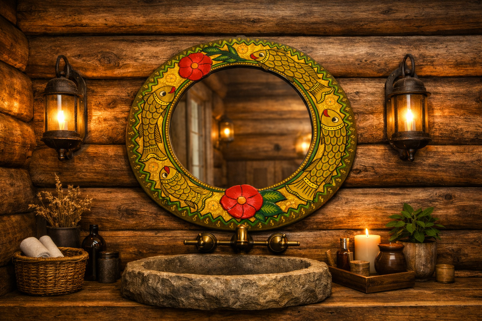 Mithila Vis Ronde Spiegel – Goudgeel met Rode Bloemen & Groene Accenten - Afbeelding 4