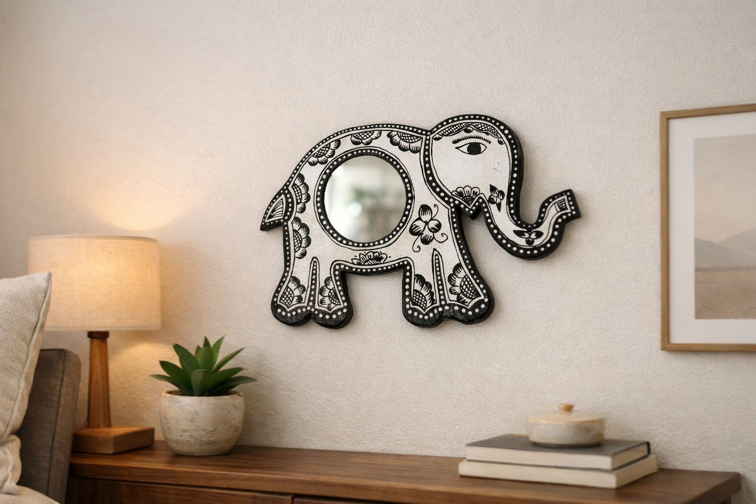 Mithila art Spiegel olifant zwart wit - Afbeelding 4