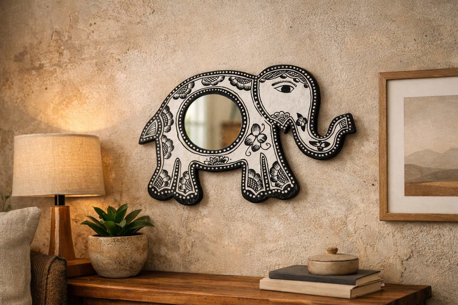 Mithila art Spiegel olifant zwart wit - Afbeelding 5