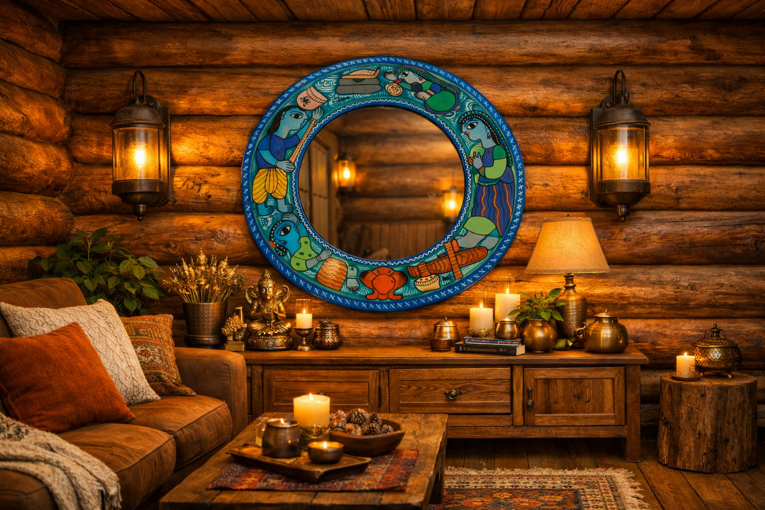 Mithila Rond Dorpsleven Spiegel – Traditionele Folk-Art van Vrouwen uit het Platteland - Afbeelding 5