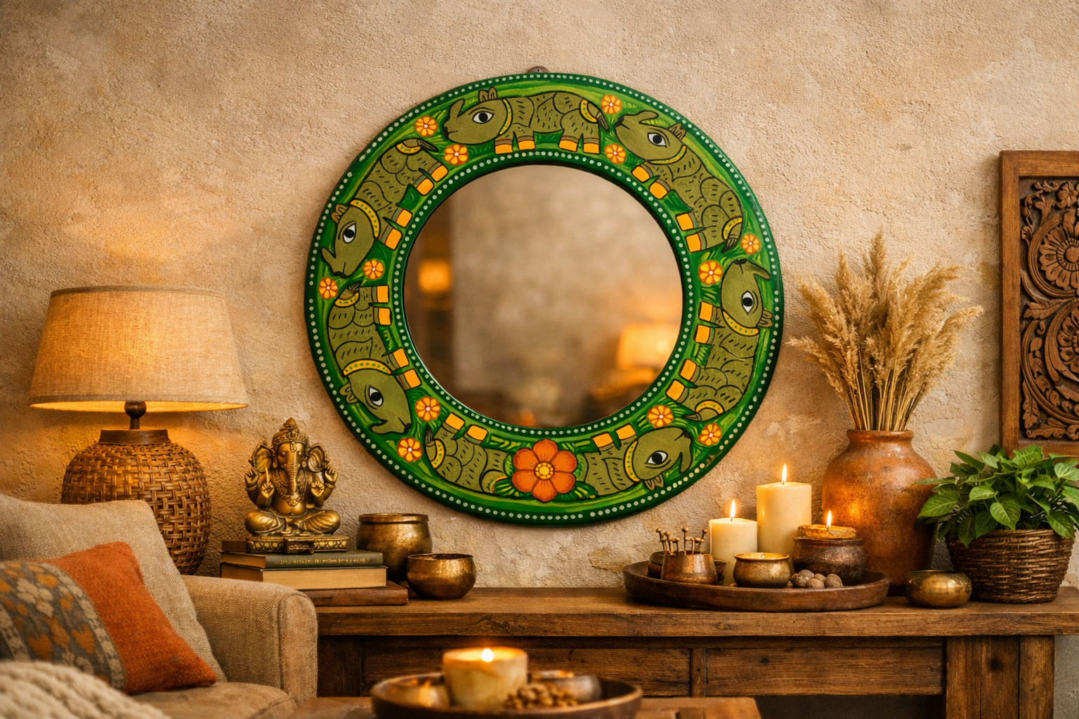 Mithila Ronde Spiegel met Unicorn‑Neushoorns – Smaragdgroene Folk‑Art - Afbeelding 2