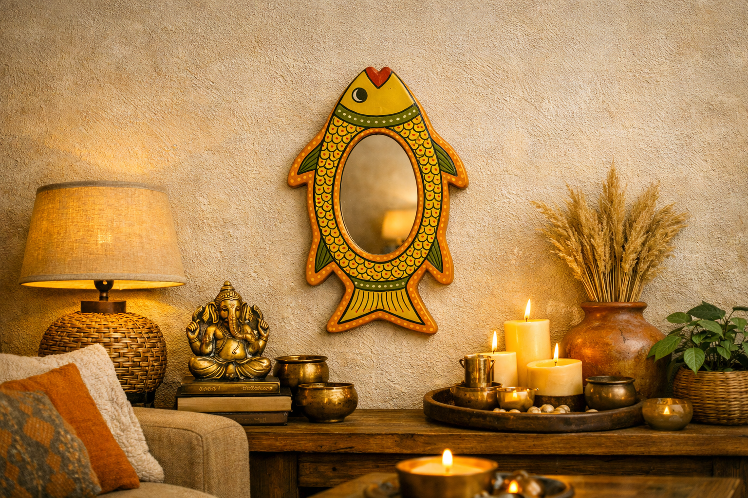 Mithila Vis spiegel – Geel met Oranje & Groene Accenten - Afbeelding 3