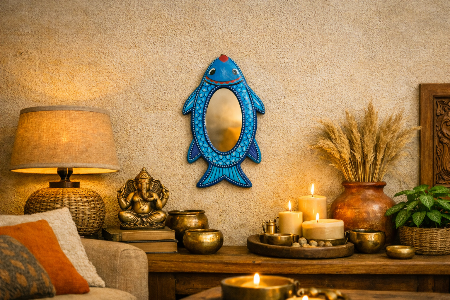 Mithila Vis Wandspiegel – Blauw met Turquoise & Witte Accenten - Afbeelding 4