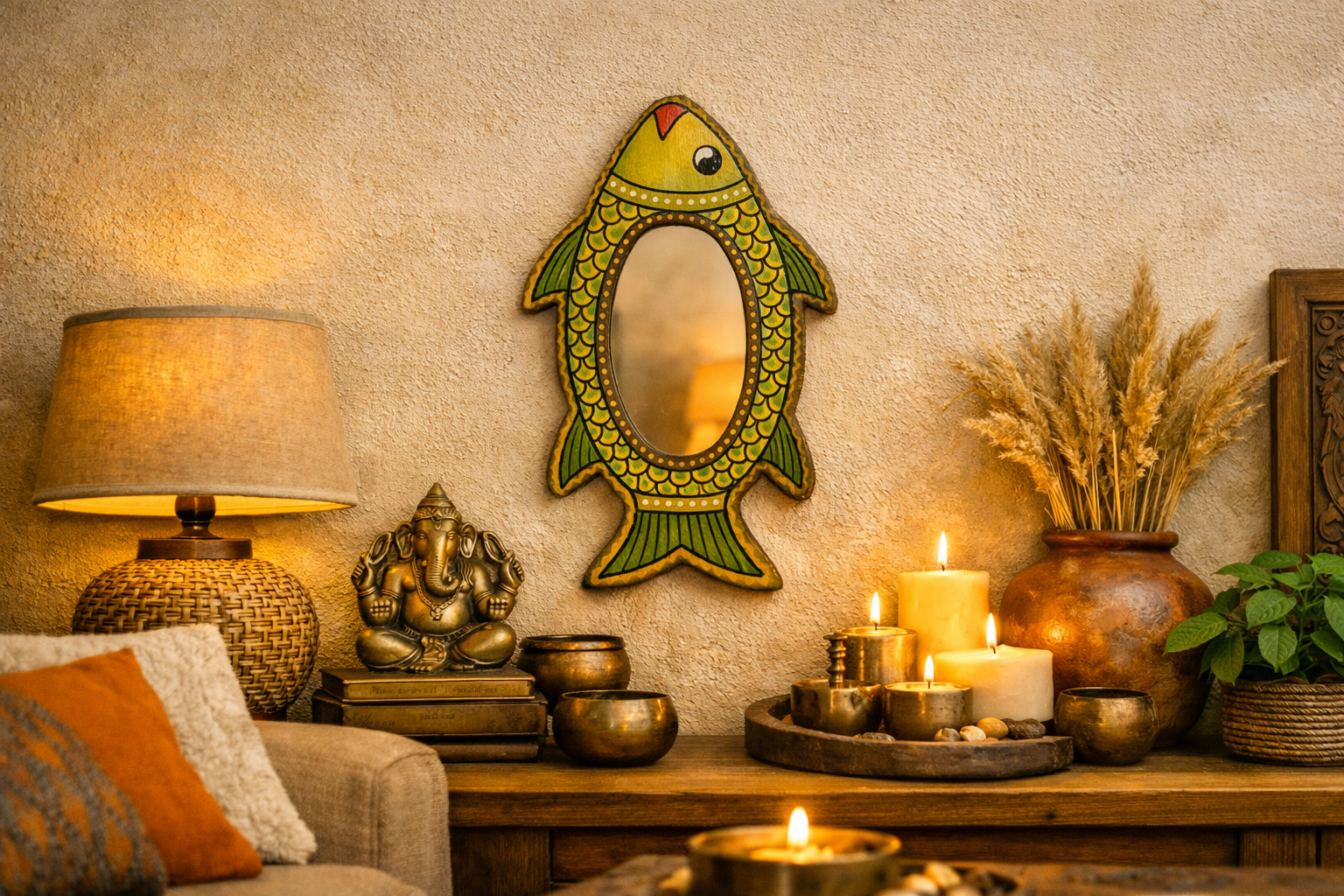 Mithila Vis Wandspiegel – Groen met Gele & Zwarte Accenten - Afbeelding 2