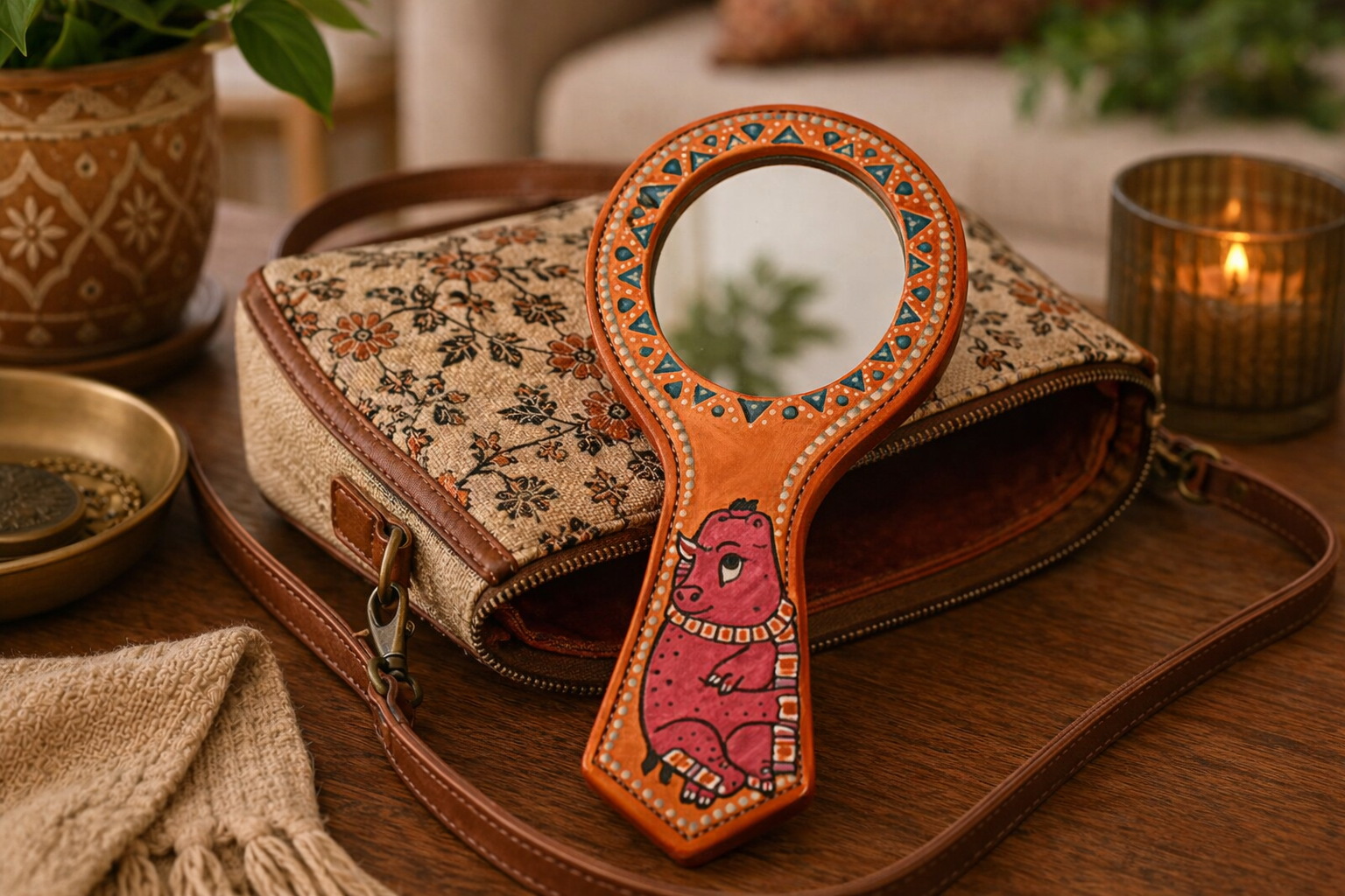 Mithila Handspiegel – Bruin met Motief van de Eenhoornige Neushoorn - Afbeelding 4