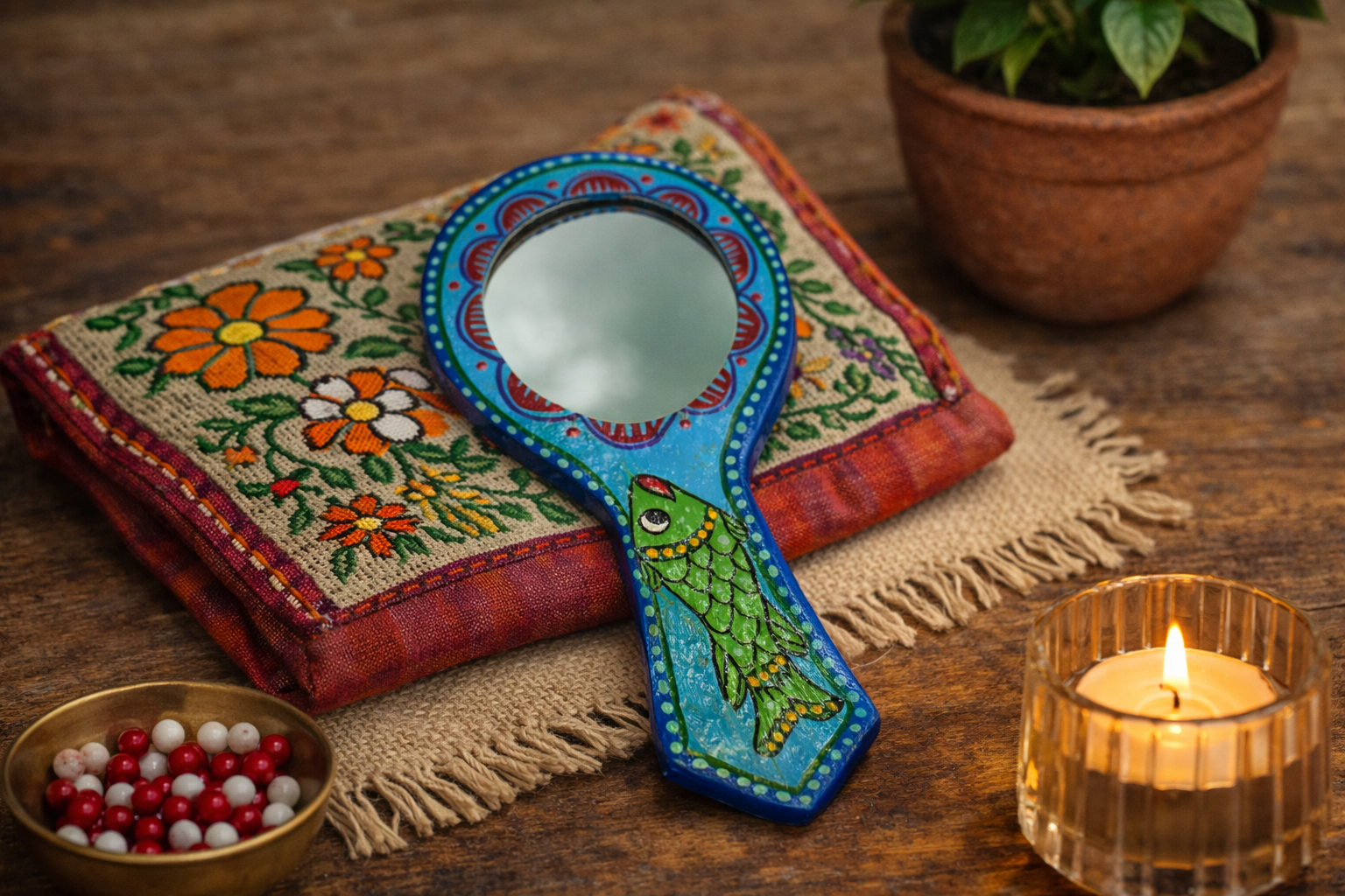 Mithila Handspiegel – Blauw met Groen Vismotief - Afbeelding 4