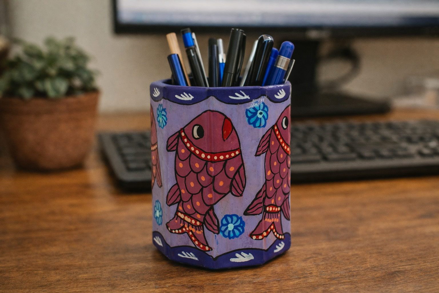 Mithila art Penhouder – Paars met Rood-Oranje Vissen & Blauwe Bloemen - Afbeelding 3