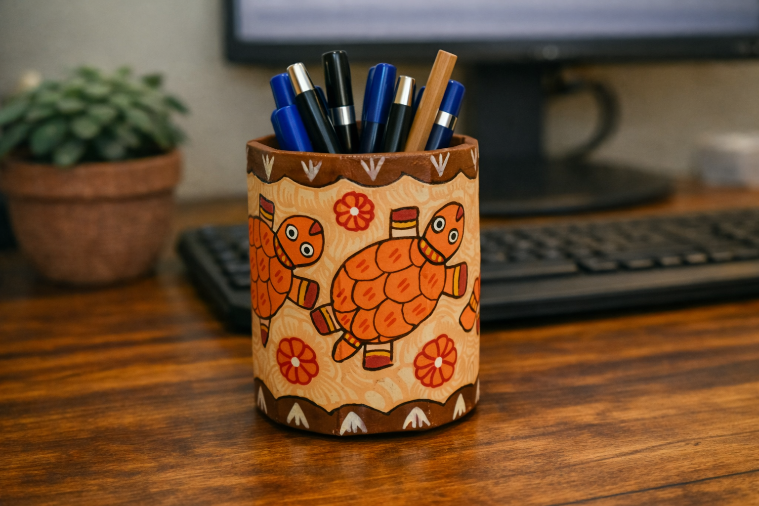 Mithila art Penhouder – Schildpadden met Oranje Accenten & Bruine Randen - Afbeelding 3