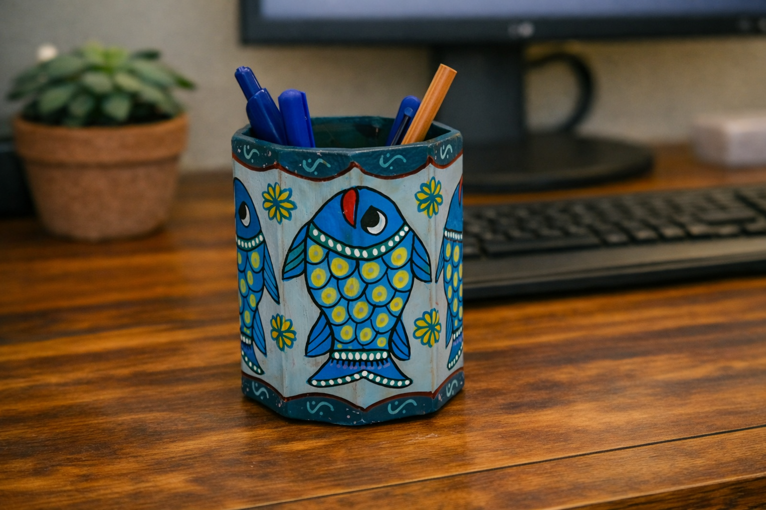 Mithila art Penhouder – Vis met Blauwe, Turquoise & Donkerrode Accenten - Afbeelding 3