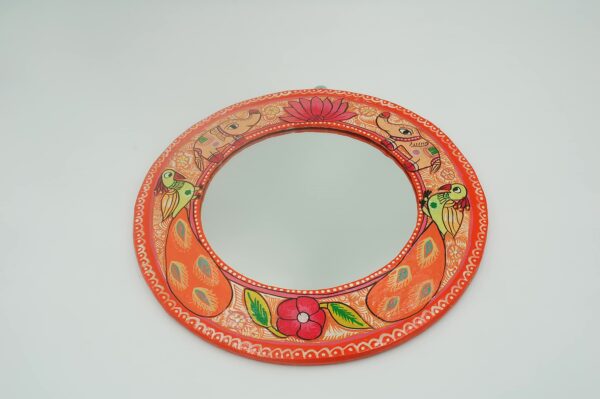 Mithila Rond Speigel- Olifanten- en Pauwentuinspiegel – Oranje met Lotus- en Bloemenmotieven