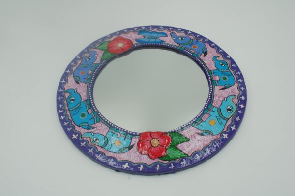 Mithila Olifant Ronde Spiegel – Turquoise met Paarse Rand & Rode Bloemen
