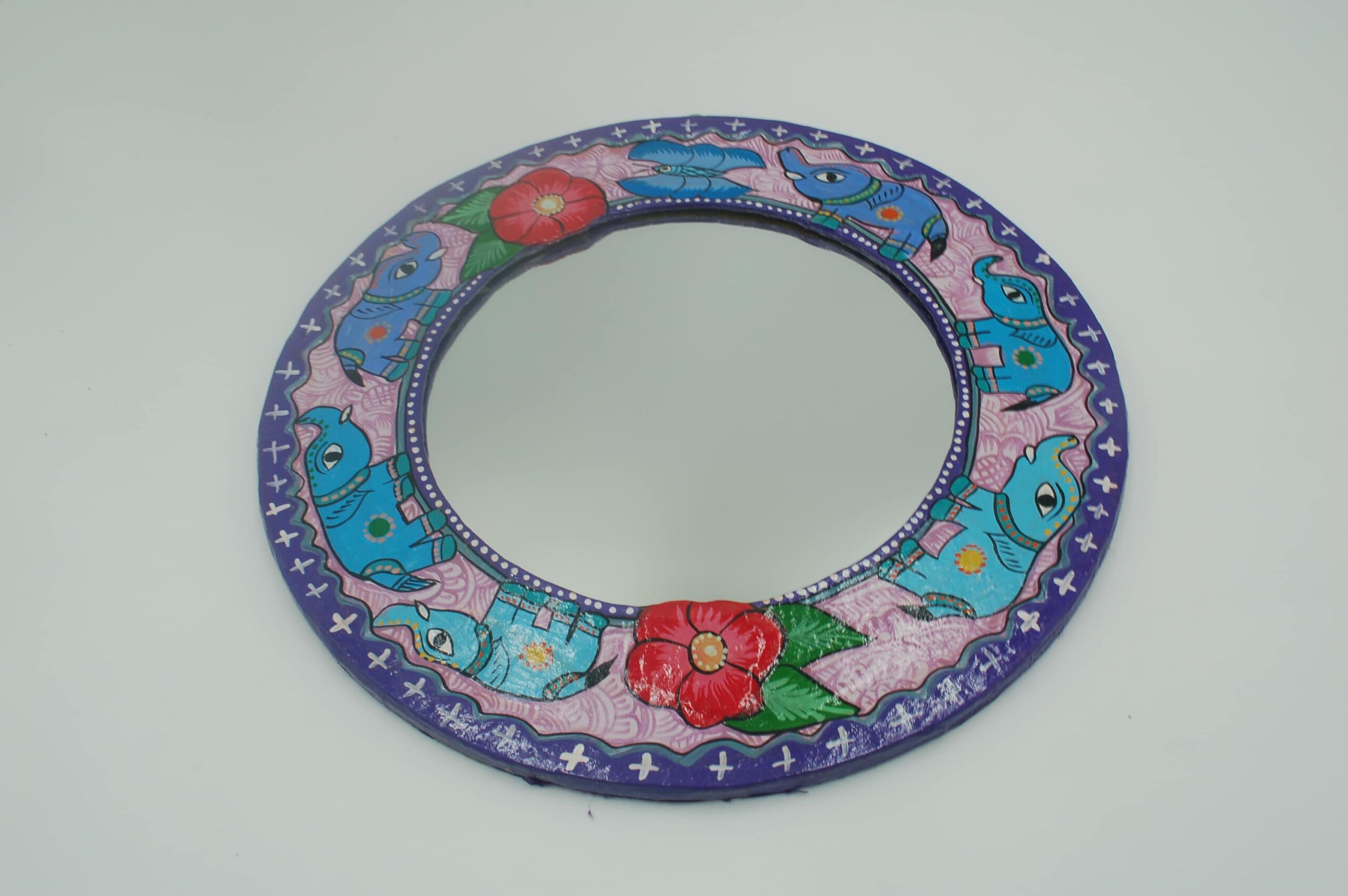 Mithila Olifant Ronde Spiegel – Turquoise met Paarse Rand & Rode Bloemen