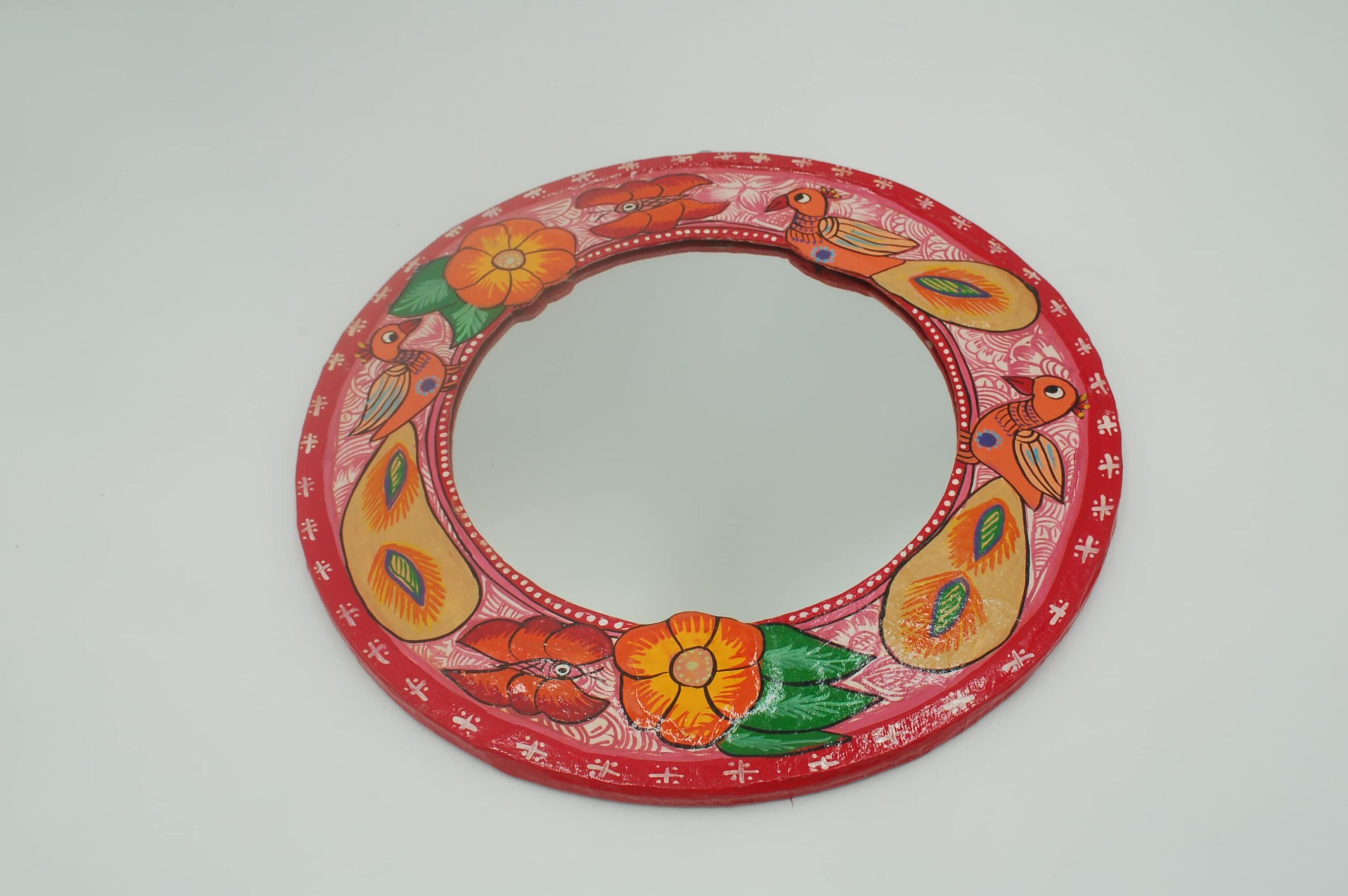 Mithila Round Speigel- Pauwentuin Spiegel – Framboosroze met Bloemen & Vlinder Motieven - Afbeelding 2