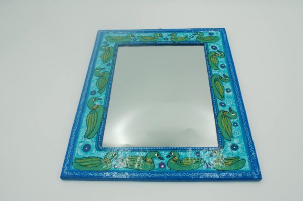 Mithila Vogels Rechthoekige Spiegel – Blauw-Turquoise met Groene Vogels & Gele Accenten