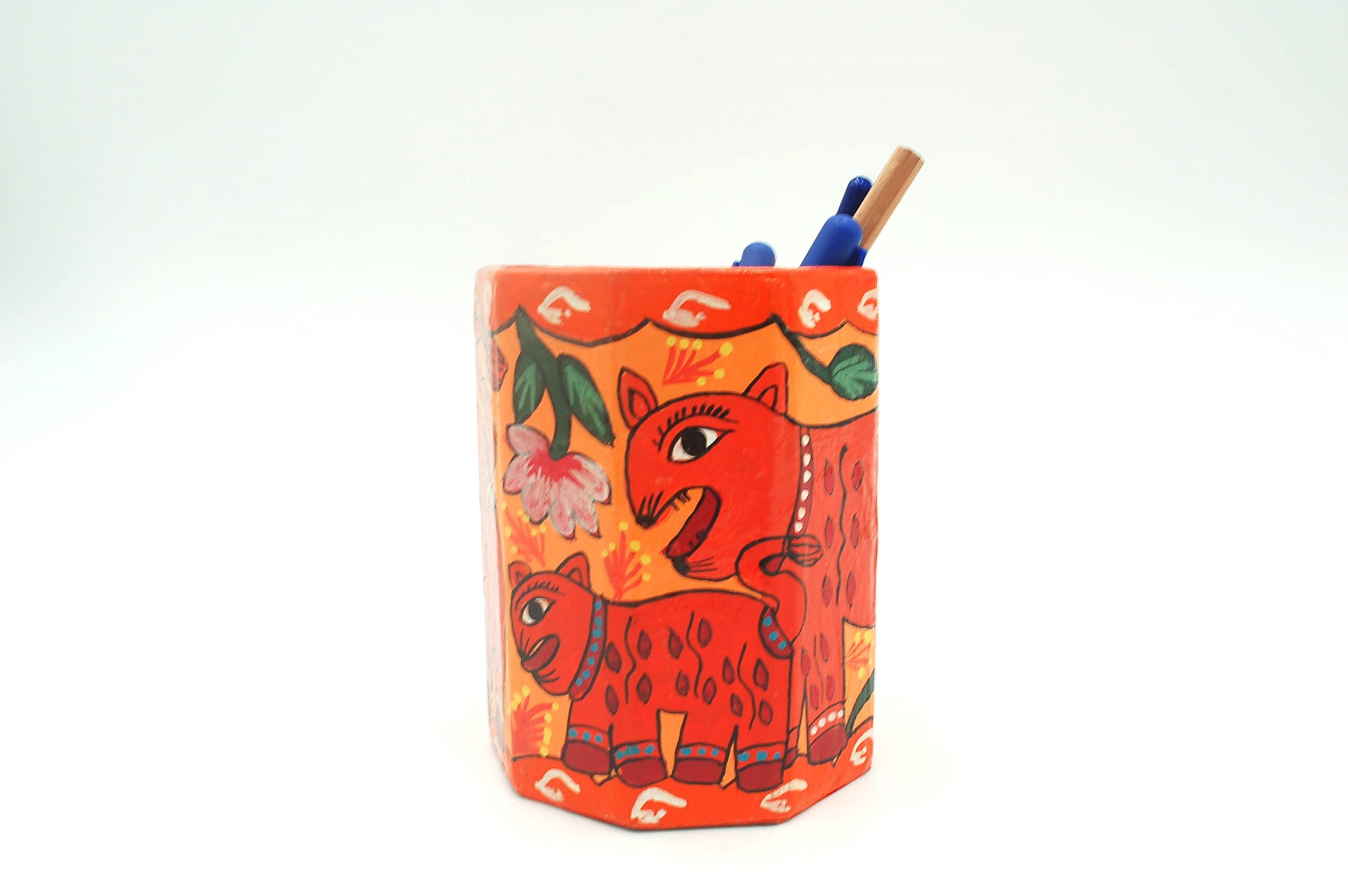 Mithila art Penhouder – Tijgers met Oranje Achtergrond & Groene Bladmotieven
