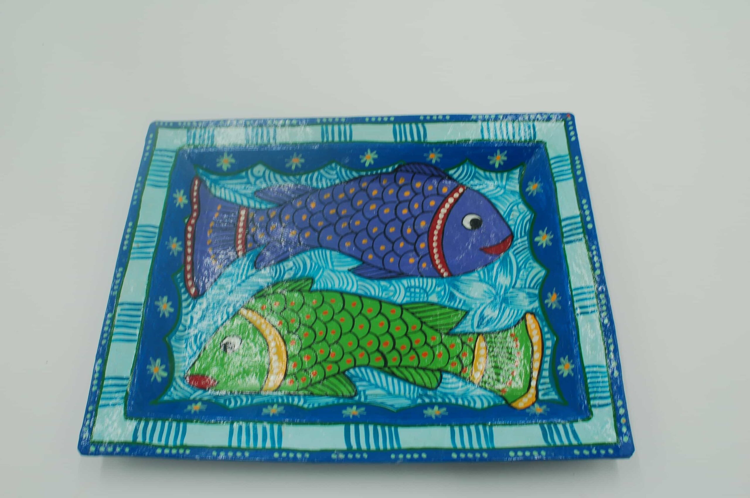 Mithila Kunst Vis Wandpaneel – Blauw met Twee Vissen & Ocean Folk-Art - Afbeelding 2