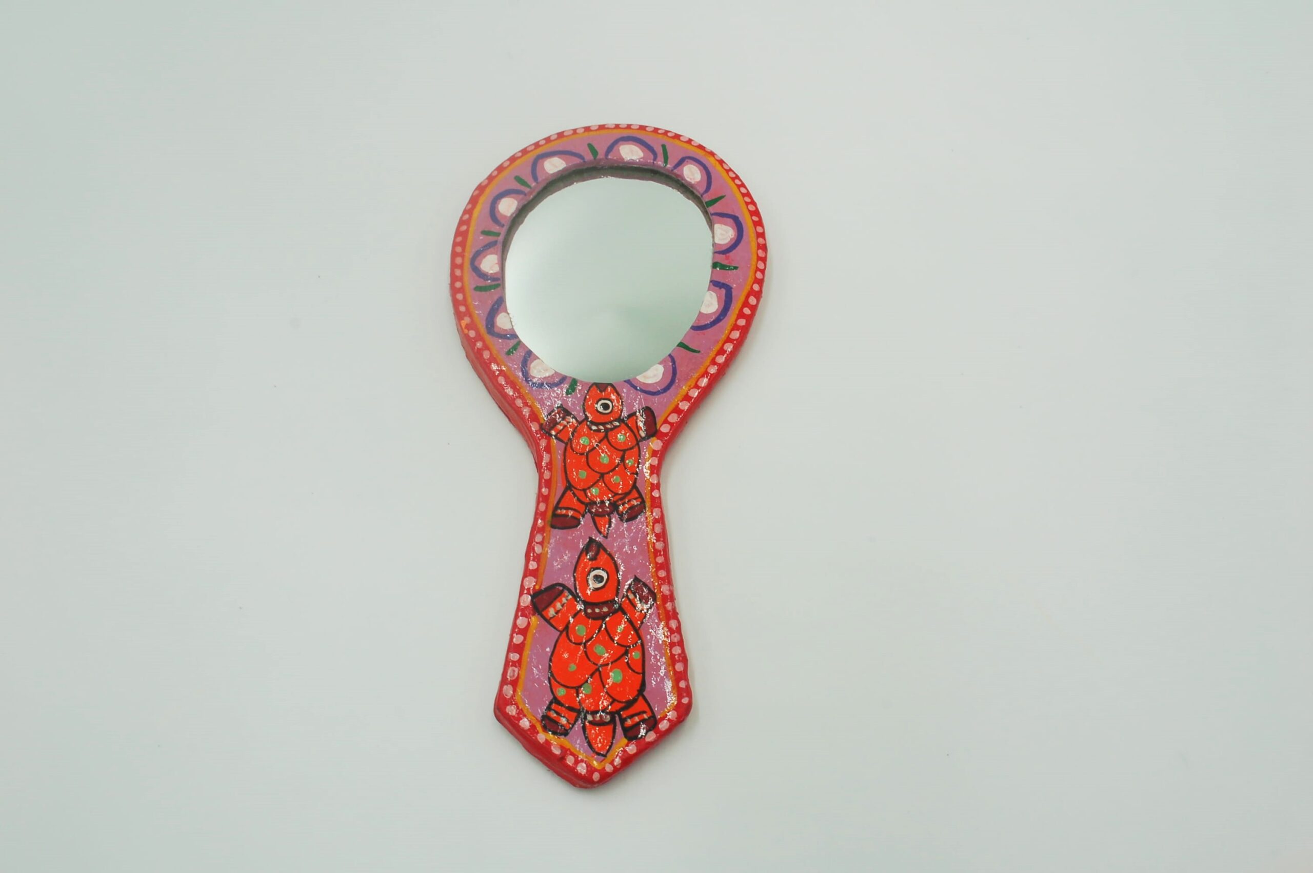 Mithila Handspiegel – Rood & Roze met Twee Schildpadmotieven