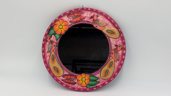 Mithila Round Speigel- Pauwentuin Spiegel – Framboosroze met Bloemen & Vlinder Motieven
