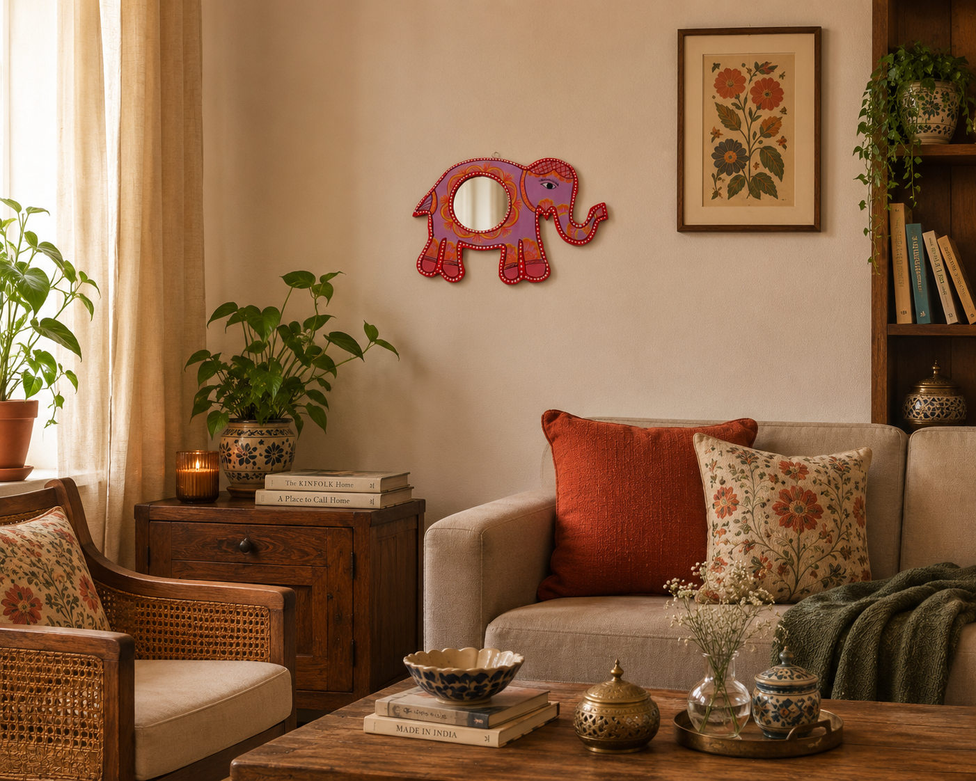 Mithila art Spiegel olifant rose - Afbeelding 3