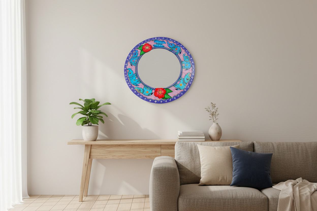 Mithila Olifant Ronde Spiegel – Turquoise met Paarse Rand & Rode Bloemen - Afbeelding 5
