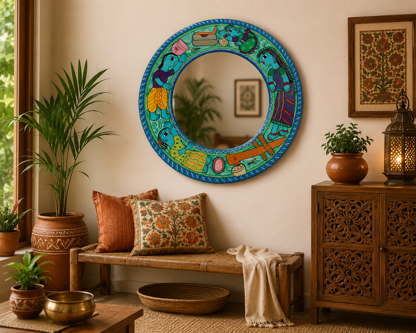 Mithila Rond Dorpsleven Spiegel – Traditionele Folk-Art van Vrouwen uit het Platteland - Afbeelding 4