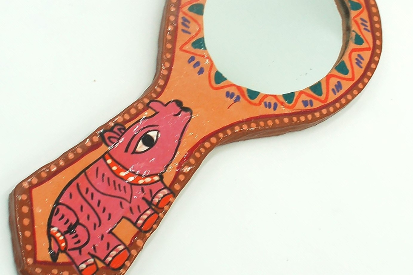 Mithila Handspiegel – Bruin met Motief van de Eenhoornige Neushoorn - Afbeelding 5