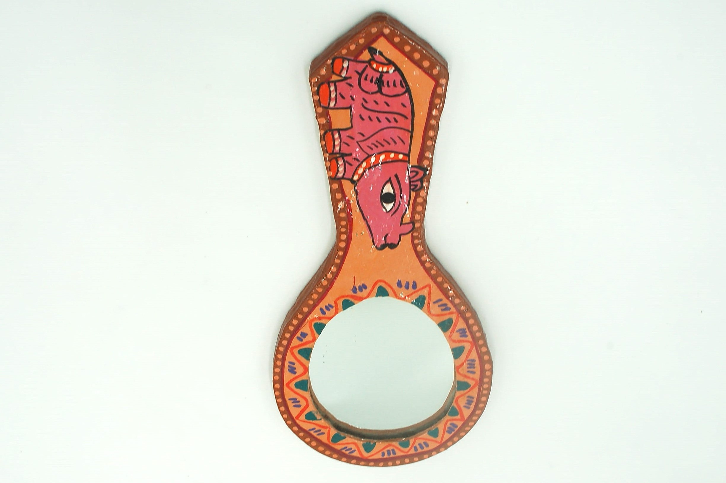Mithila Handspiegel – Bruin met Motief van de Eenhoornige Neushoorn - Afbeelding 2