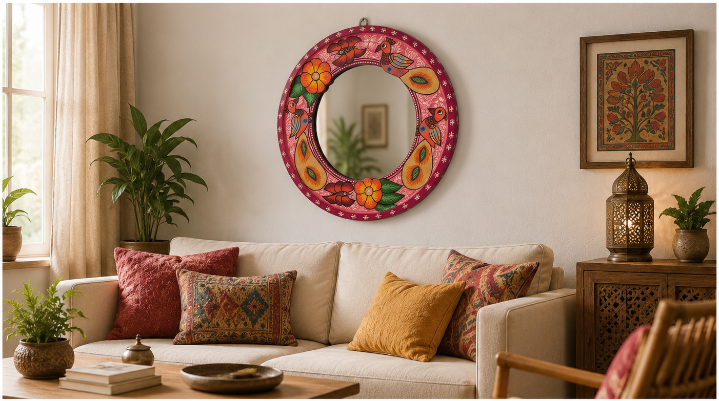 Mithila Round Speigel- Pauwentuin Spiegel – Framboosroze met Bloemen & Vlinder Motieven - Afbeelding 3
