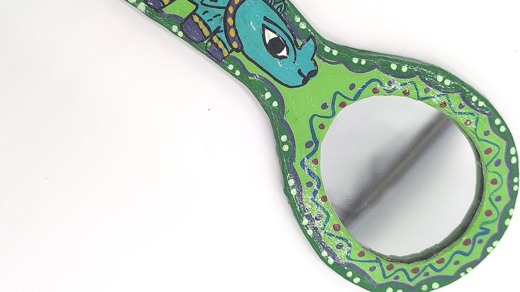 Mithila Handspiegel – Groene Folk-Art met Motief van de Eenhoornige Neushoorn - Afbeelding 5