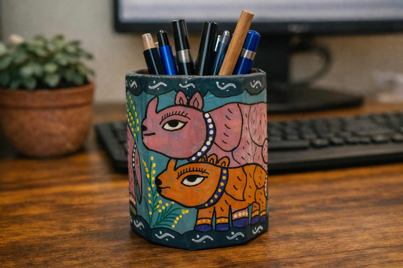 Mithila art Penhouder – Neushoorns met Roze, Oranje & Blauwe Accenten - Afbeelding 3