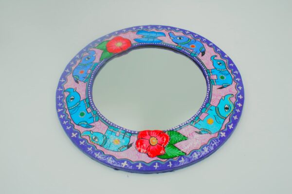 Mithila Olifant Spiegel Pair – Rond en Rechthoekig met Turquoise, Rood & Paars