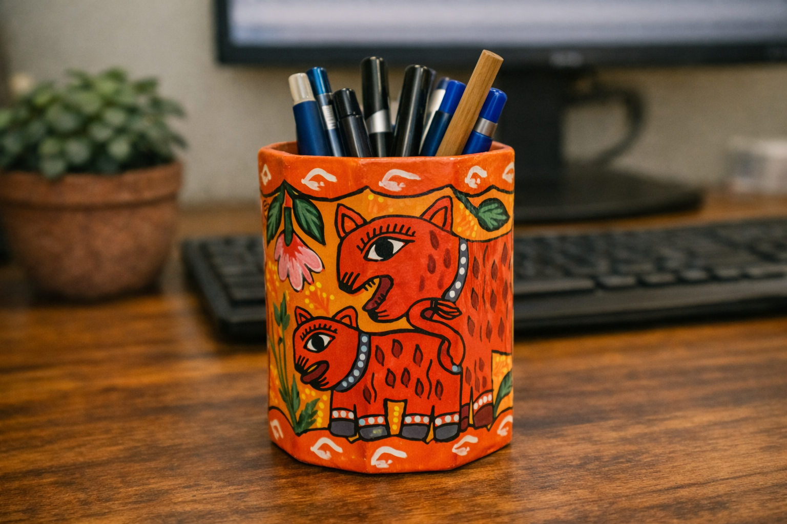 Mithila art Penhouder – Tijgers met Oranje Achtergrond & Groene Bladmotieven - Afbeelding 2