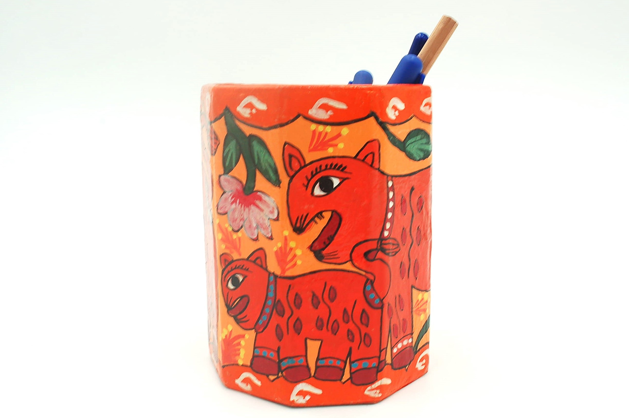 Mithila art Penhouder – Tijgers met Oranje Achtergrond & Groene Bladmotieven - Afbeelding 3