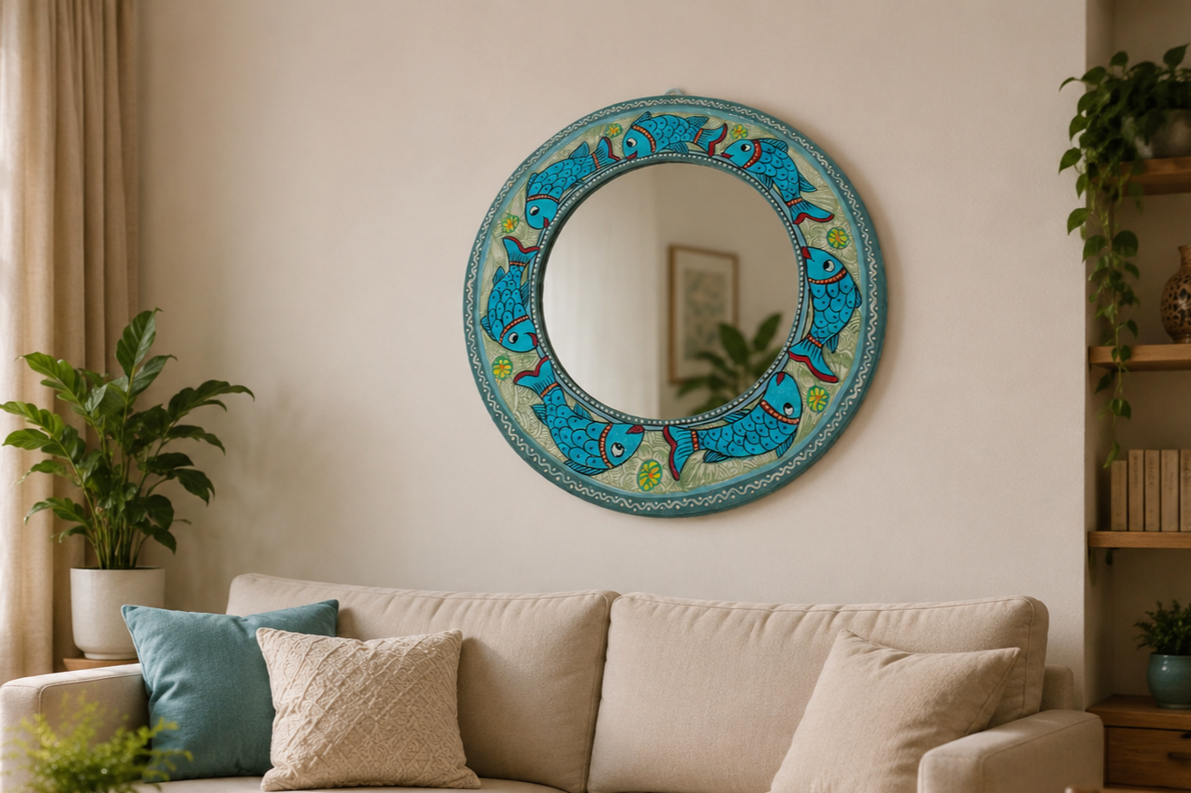 Mithila Vis Ronde Spiegel – Turquoise - Afbeelding 4