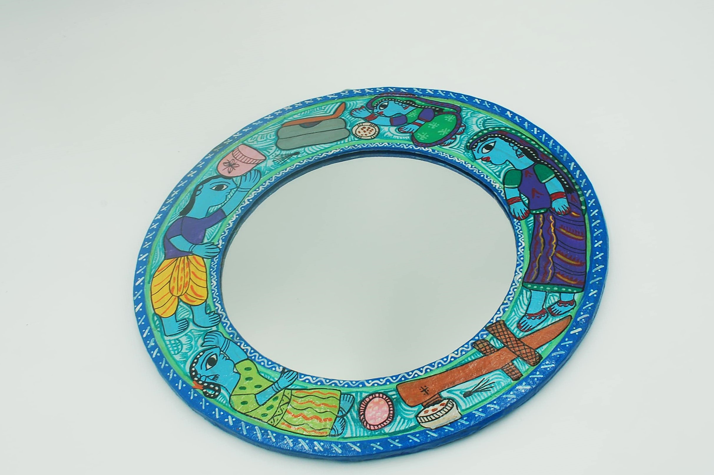 Mithila Rond Dorpsleven Spiegel – Traditionele Folk-Art van Vrouwen uit het Platteland - Afbeelding 3