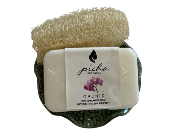 Porseleinen schaaltje met zeepje en loofah spons - orchidee