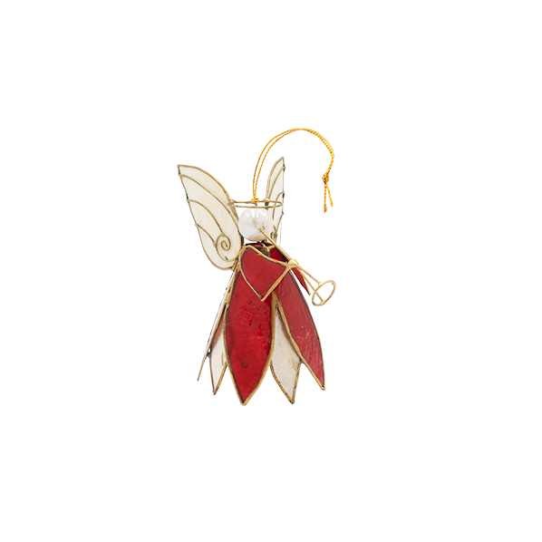Capiz engel hanger met trompet, rood wit