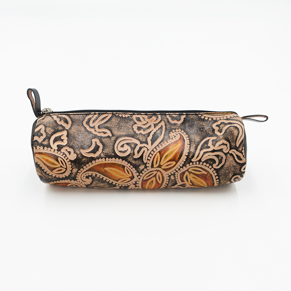 Leren etui, blauw met gekleurd patroon