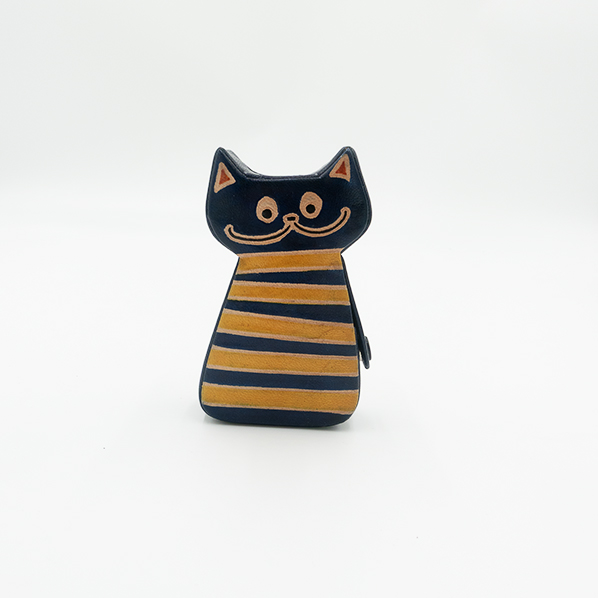 Leren katten spaarpot, blauw