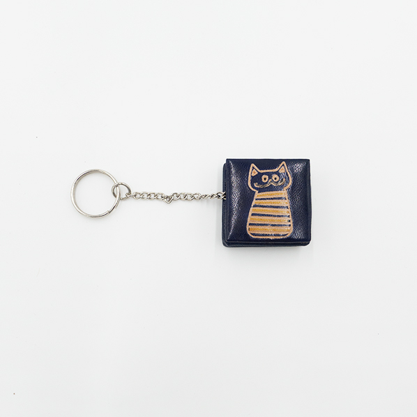 Leren portemonnee met sleutelhanger, blauw met kat