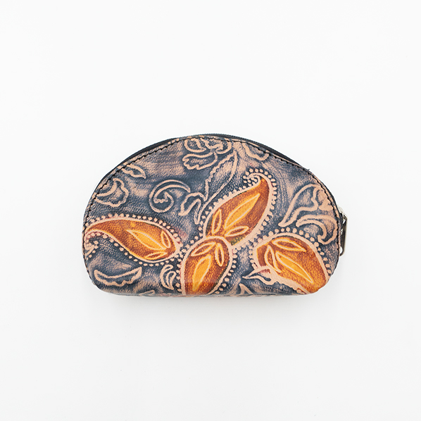 Leren portemonnee, blauw met geelbruin patroon
