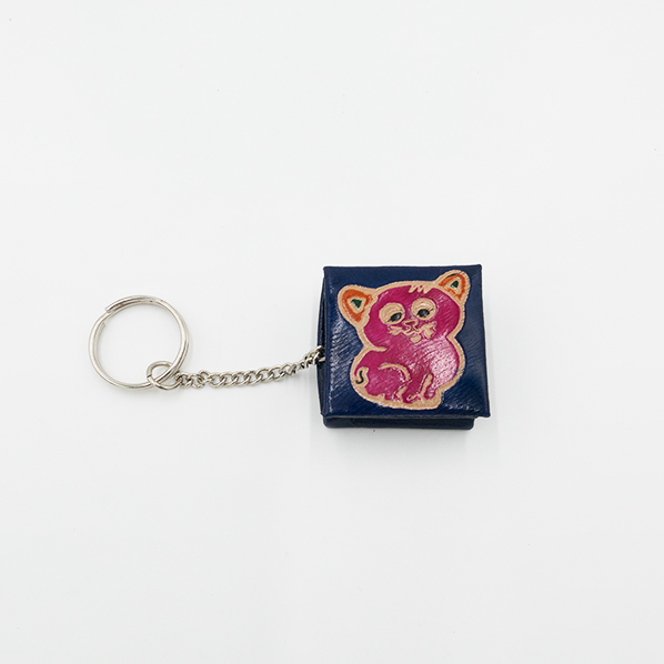 Leren portemonnee met sleutelhanger, blauw met katje