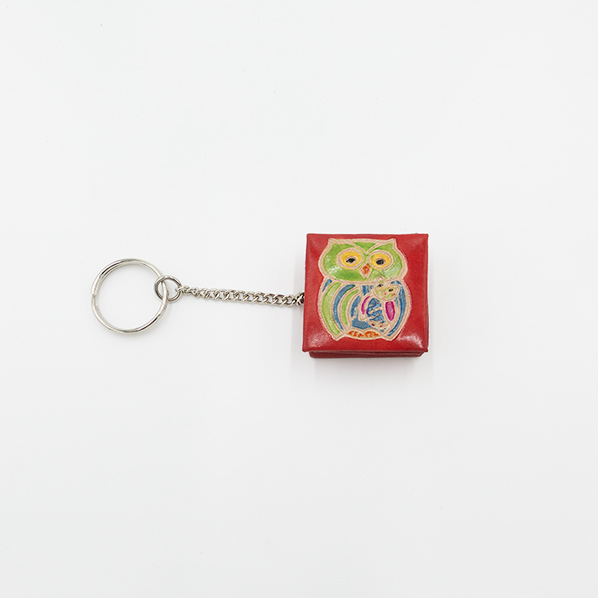 Leren portemonnee met sleutelhanger, rood met uil