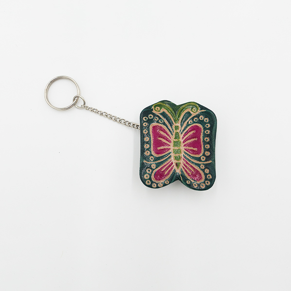 Leren portemonnee met sleutelhanger, groen met vlinder