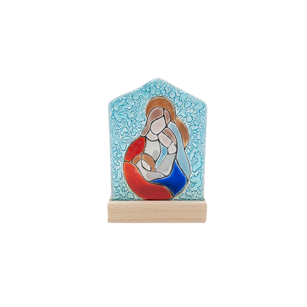 Glazen kerstgroep, rood blauw, waxinehouder