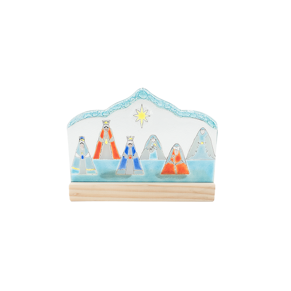 Glazen kerststal met wijzen, waxinehouder